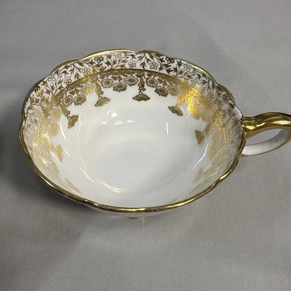 Vintage Royal Stafford 8345 Bone China Teacups White Gold Floral Pair 2 England